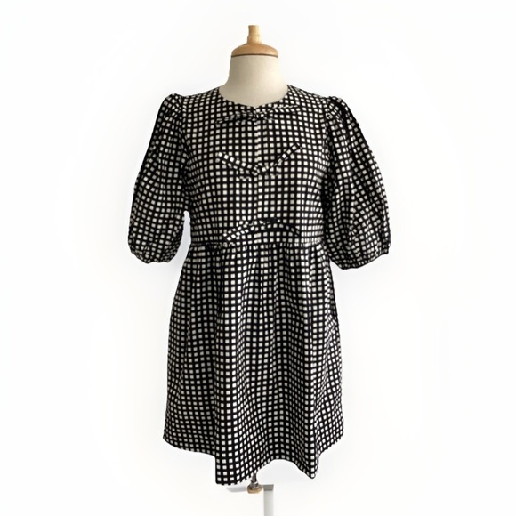 Band of the Free black/white gingham check  puff sleeve babydoll minidress M NWT - Picture 1 of 9